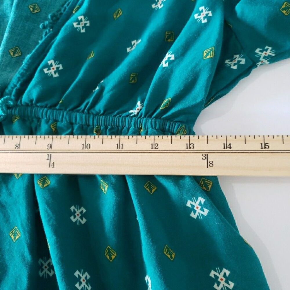 Boho Teal Green V-Neck Mini Dress Tie Waist Peasant Bell Sleeve Country Size M - Picture 11 of 11